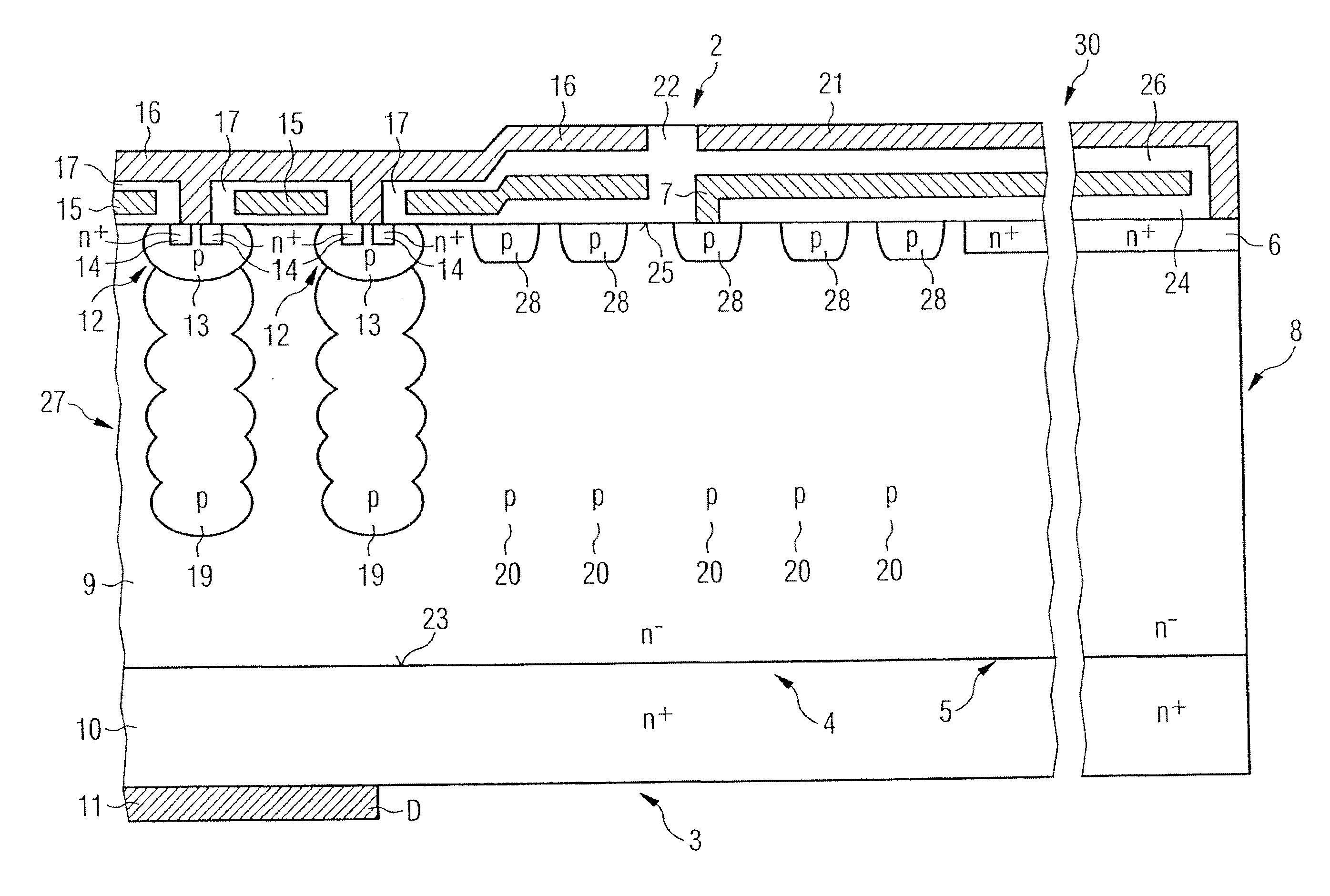 Power Semiconductor Component with Plate Capacitor Structure and Edge Termination