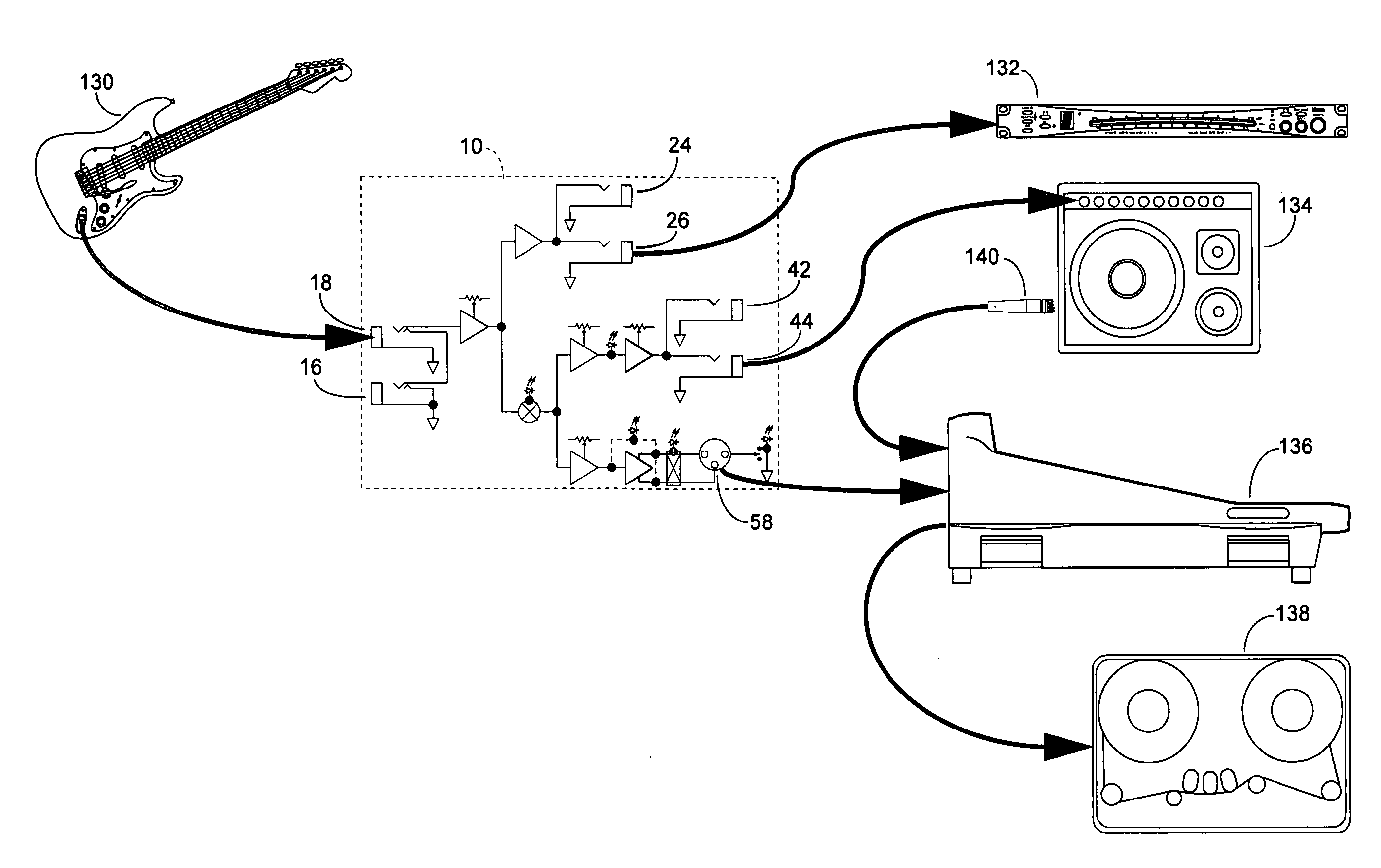 Bidirectional, variable-impedance instrument-level to professional-level audio interface with signal splitters and balanced DC power