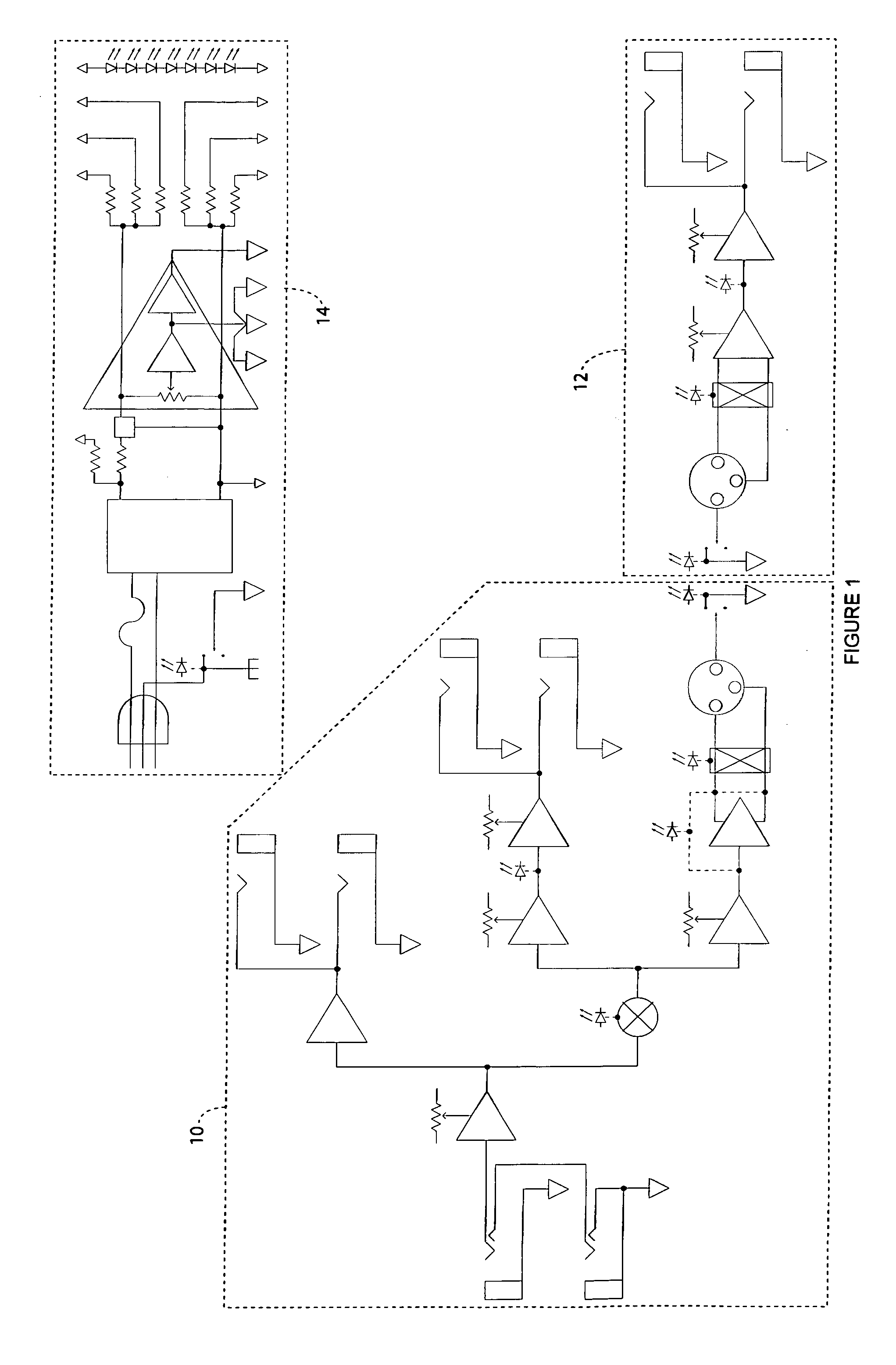 Bidirectional, variable-impedance instrument-level to professional-level audio interface with signal splitters and balanced DC power