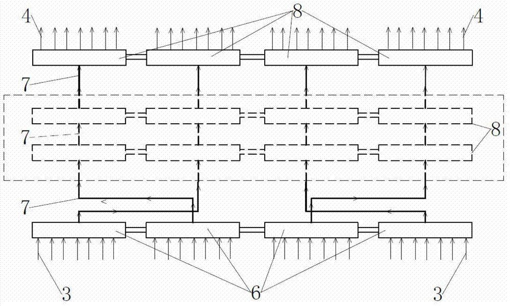 Water-cooled wall of boiler with double collecting boxes at middle part