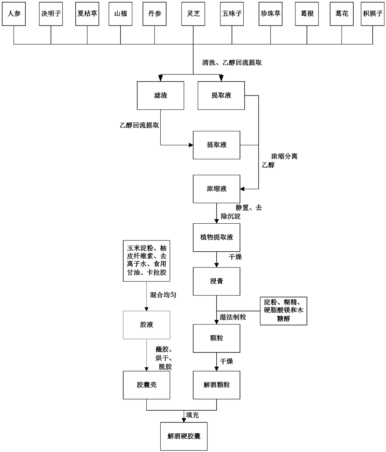 Plant recipe alcohol effect dispelling hard capsule and preparation method thereof