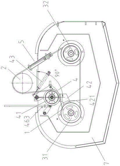 Mowing table transmission device of pedestrian-controlled lawn mower