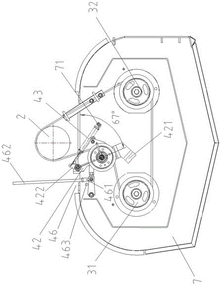 Mowing table transmission device of pedestrian-controlled lawn mower