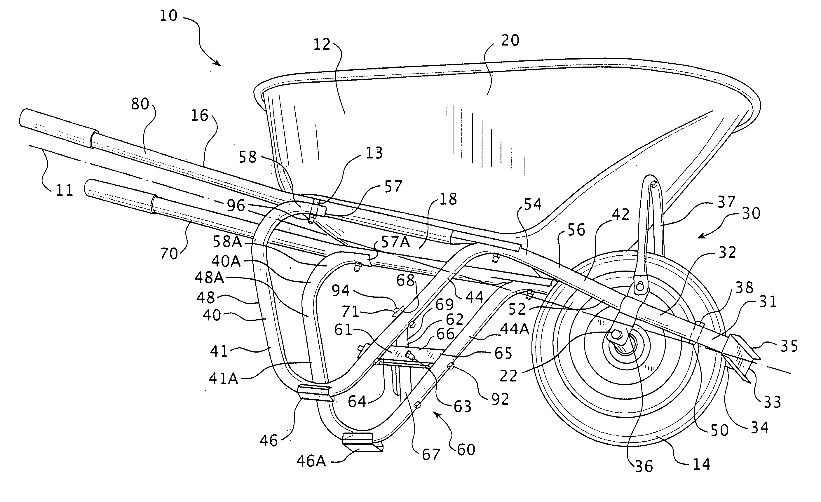 Folding leg brace for a wheelbarrow