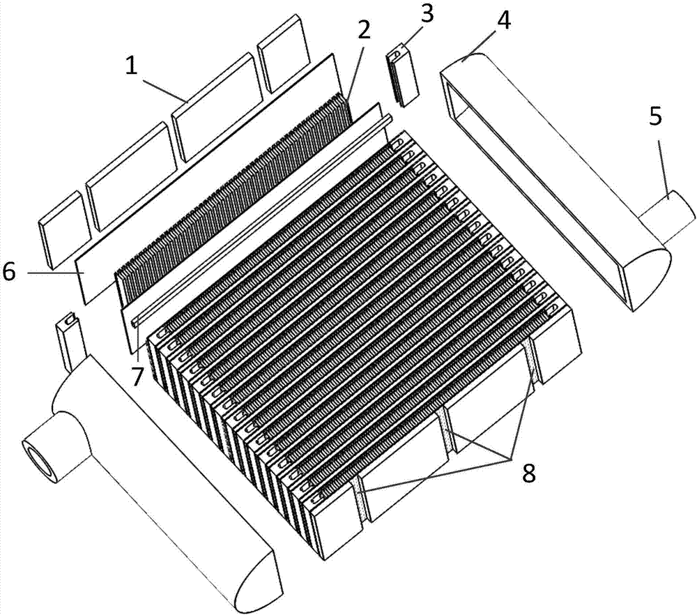 Cross-flow type aluminum plate fin heat exchanger provided with stress releasing seams, based on flexible seal strips and cover plates