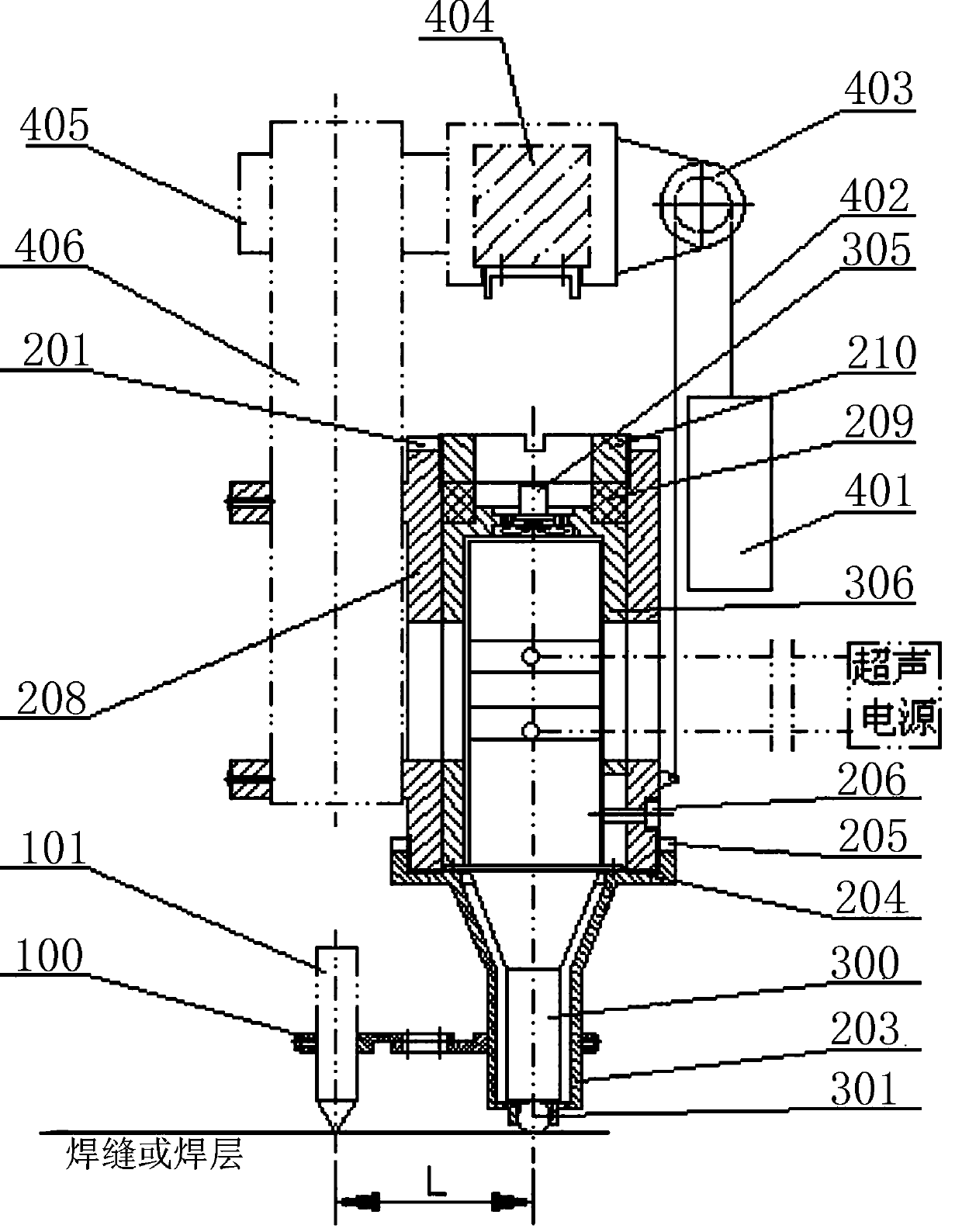 Welding additive trailing ultrasonic impact device and operation method