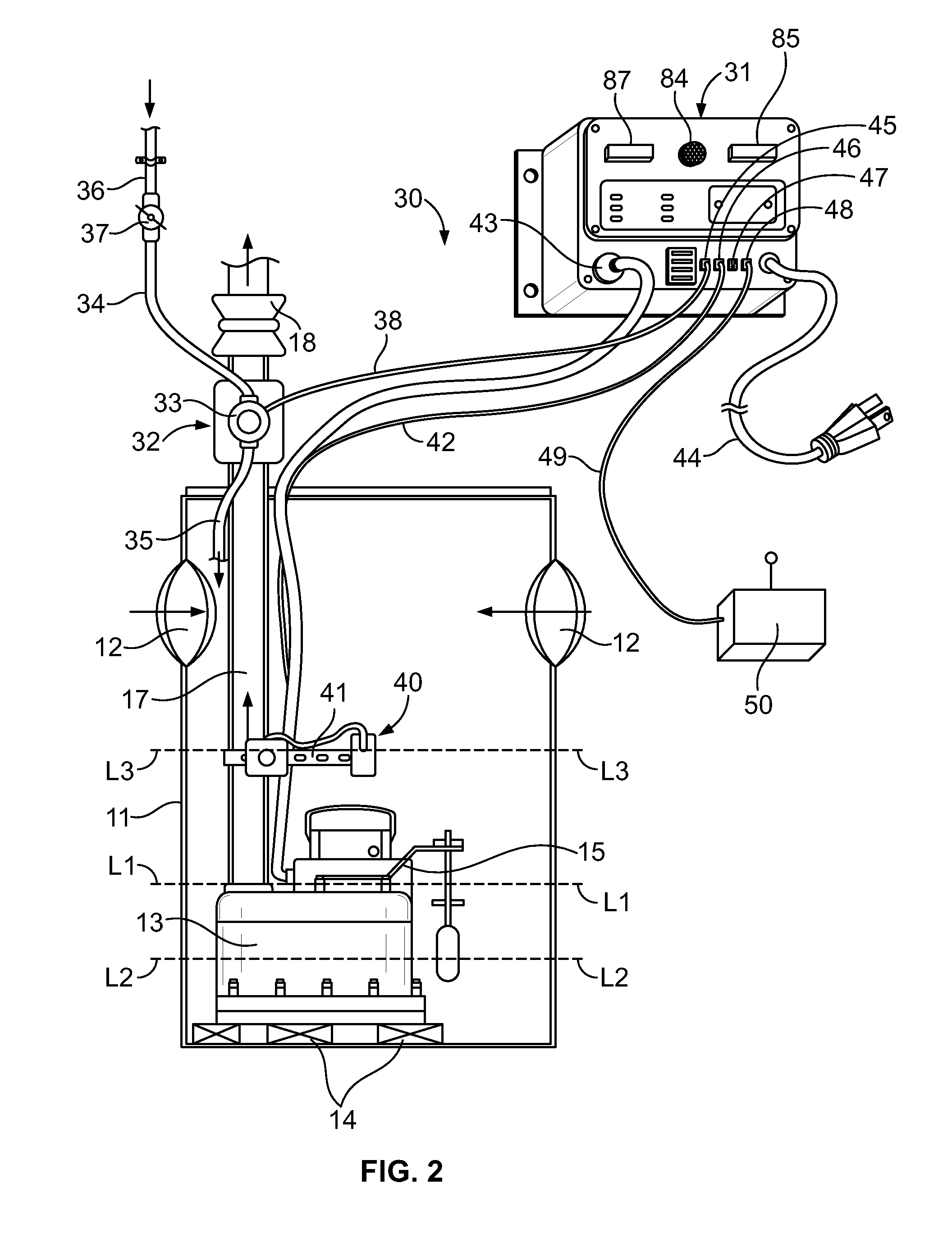 Test and monitoring system for a sump pump installation operable from a remote location