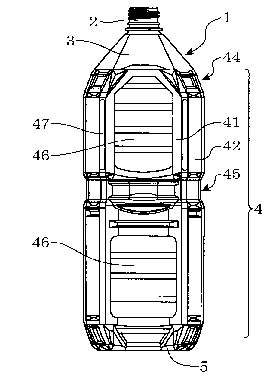 Angular resin container and blow molding die