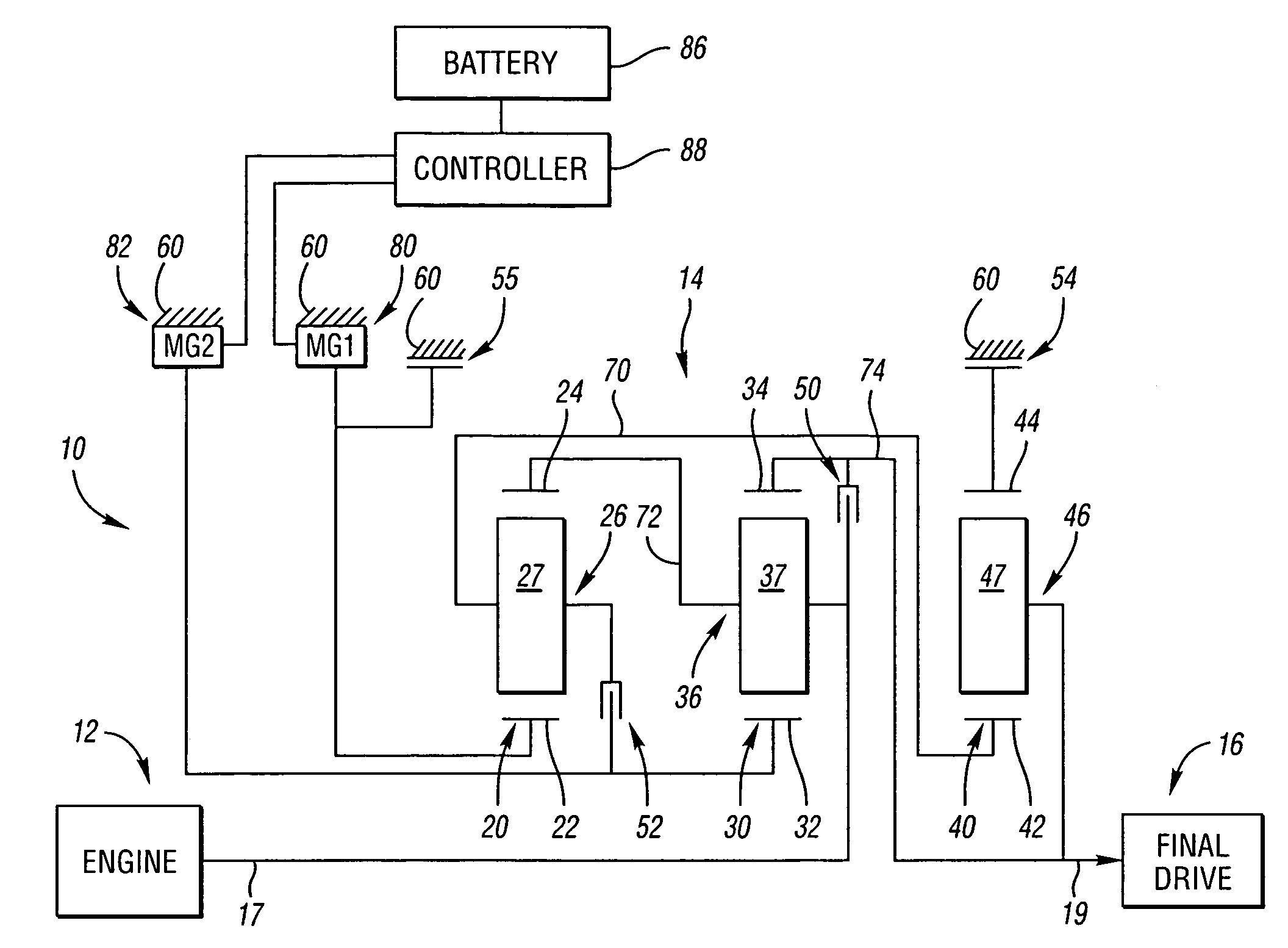 Electrically variable transmission having three interconnected planetary gear sets, two clutches and at least two brakes