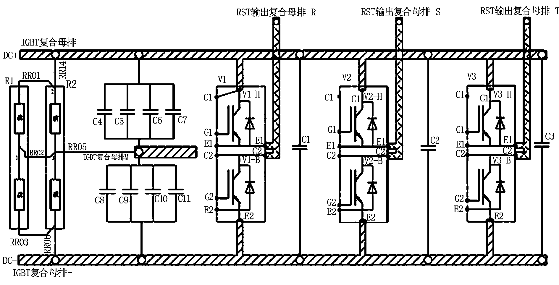 Three-phase inversion composite busbar suitable for half-bridge module