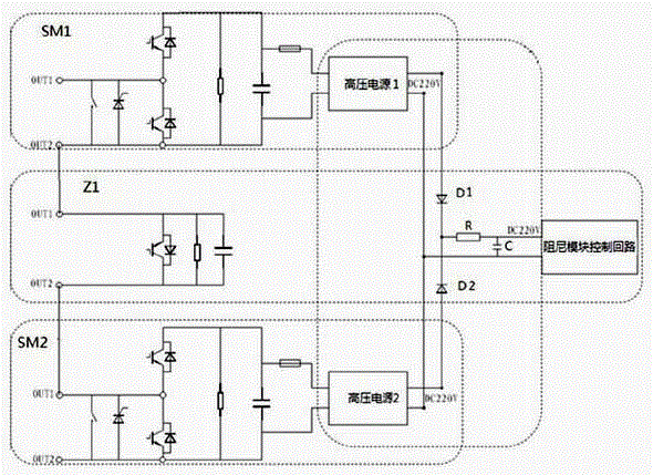 Flexible direct-current converter valve and bridge arm damping module energy taking circuit thereof