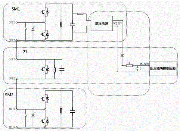 Flexible direct-current converter valve and bridge arm damping module energy taking circuit thereof