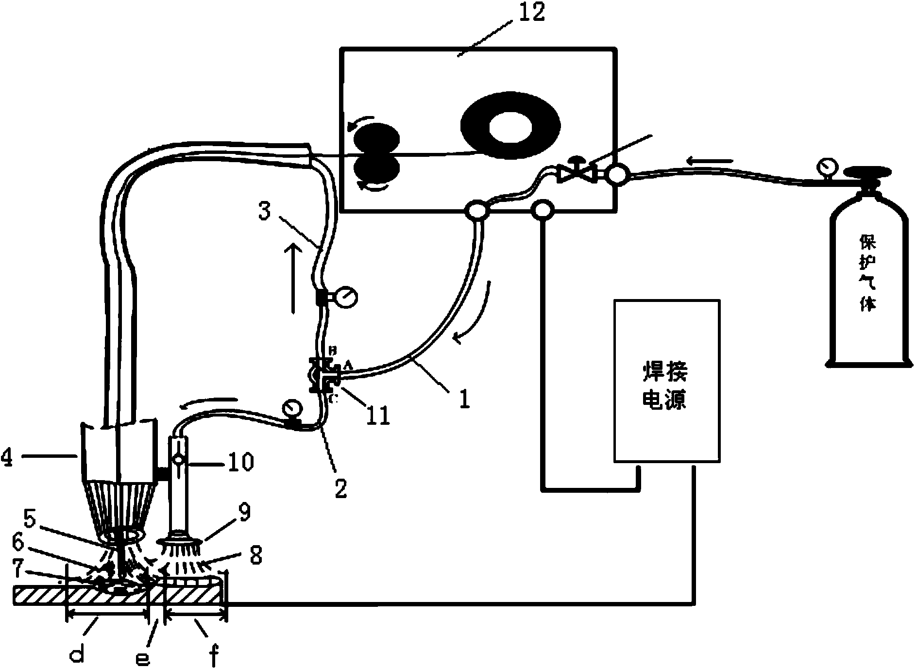 Device and method for compensating additional welded joints for protective gas