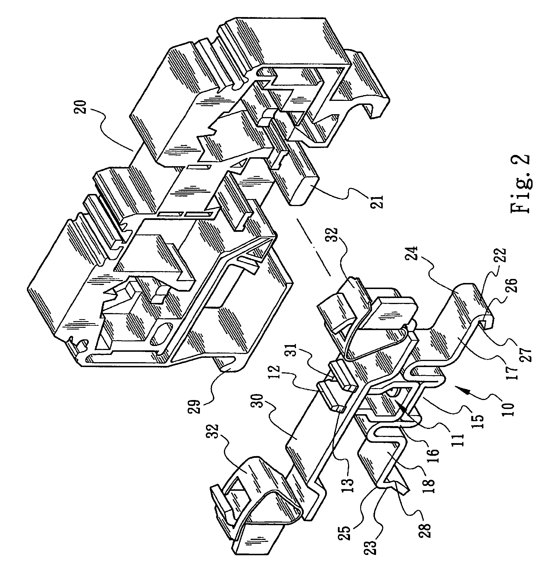 Rail-type grounding terminal having a two piece spring latch structure