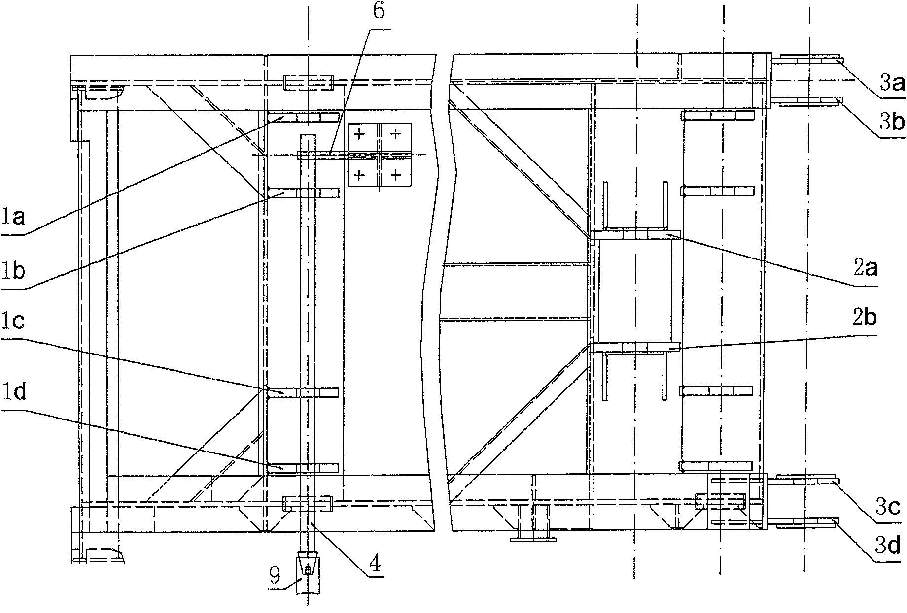 Coaxial large strided distance ear base hole boring auxiliary device and boring process method