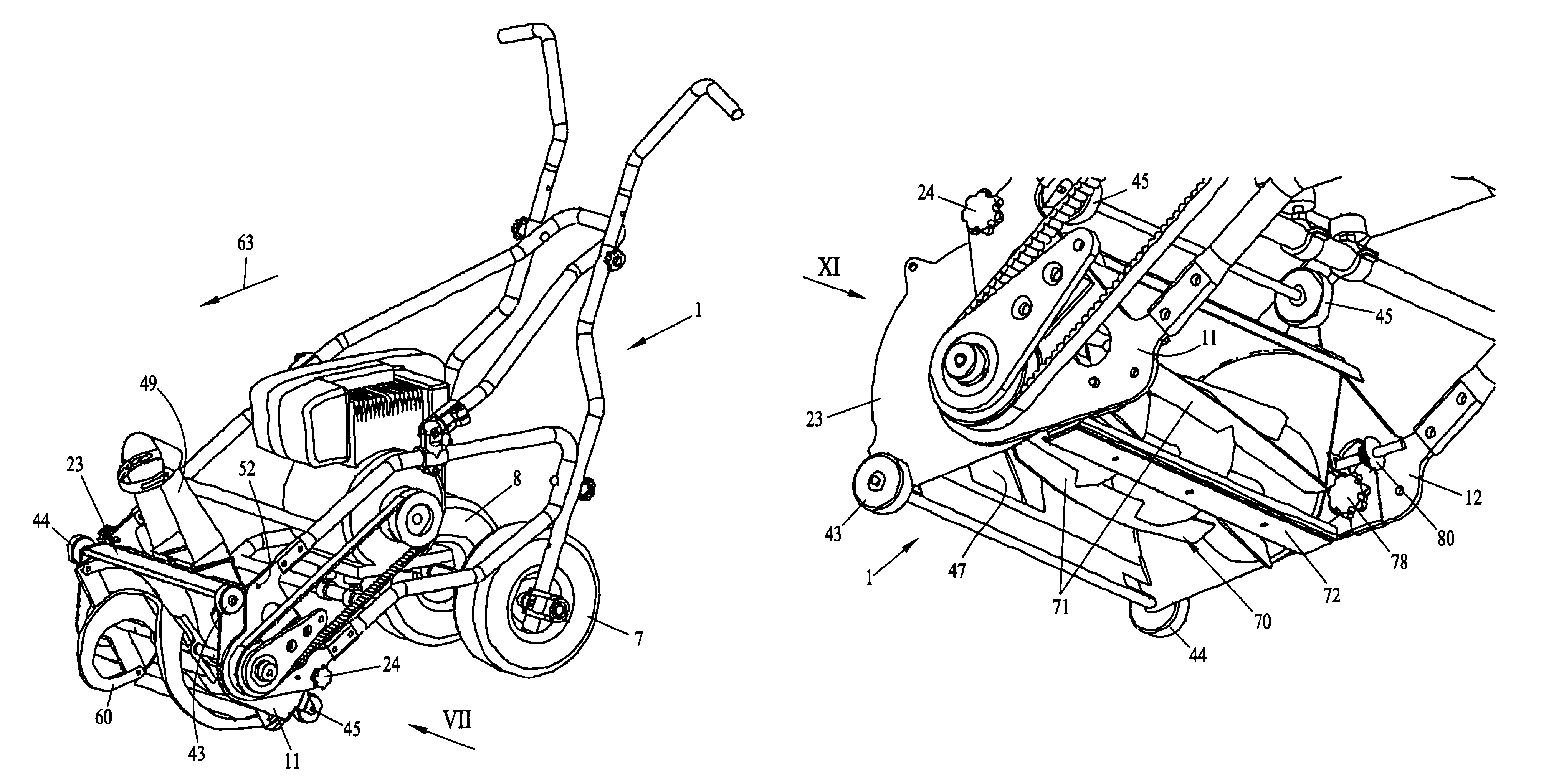 Combination device for snow throwing, mowing, scarifying, soil breaking or the like