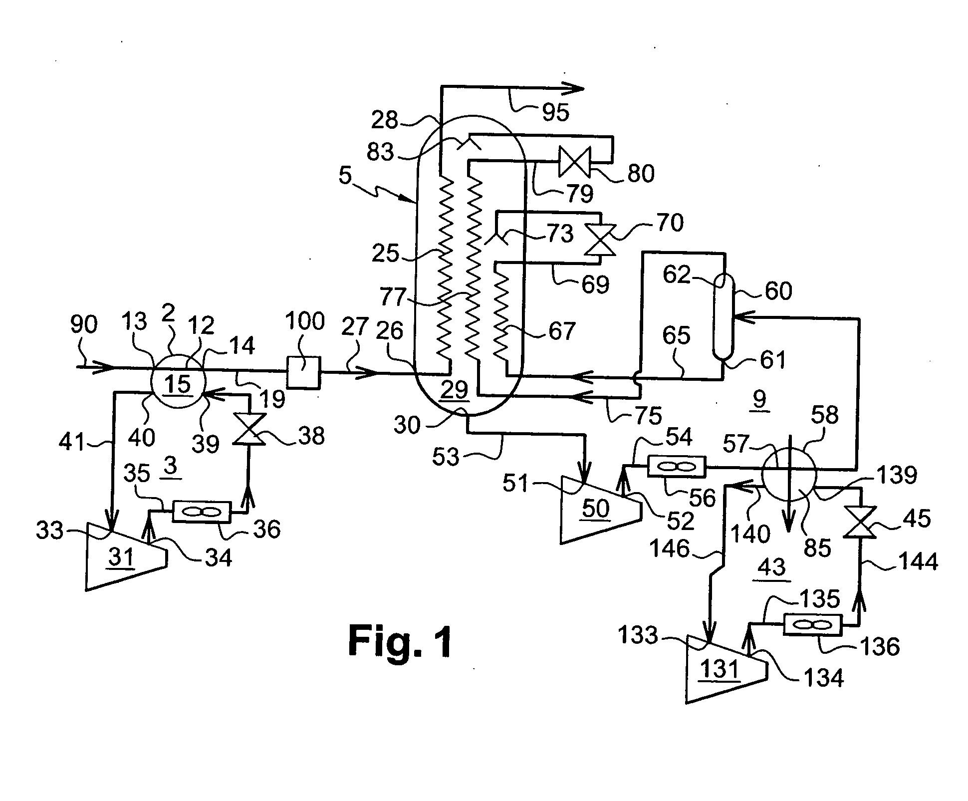 Plant and process for liquefying natural gas