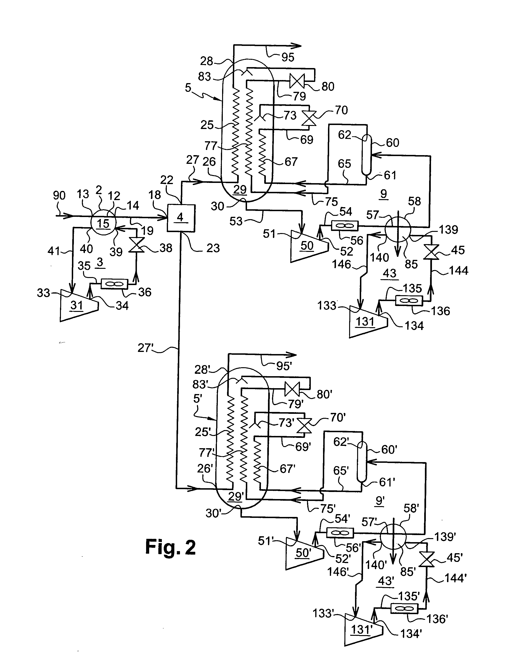 Plant and process for liquefying natural gas