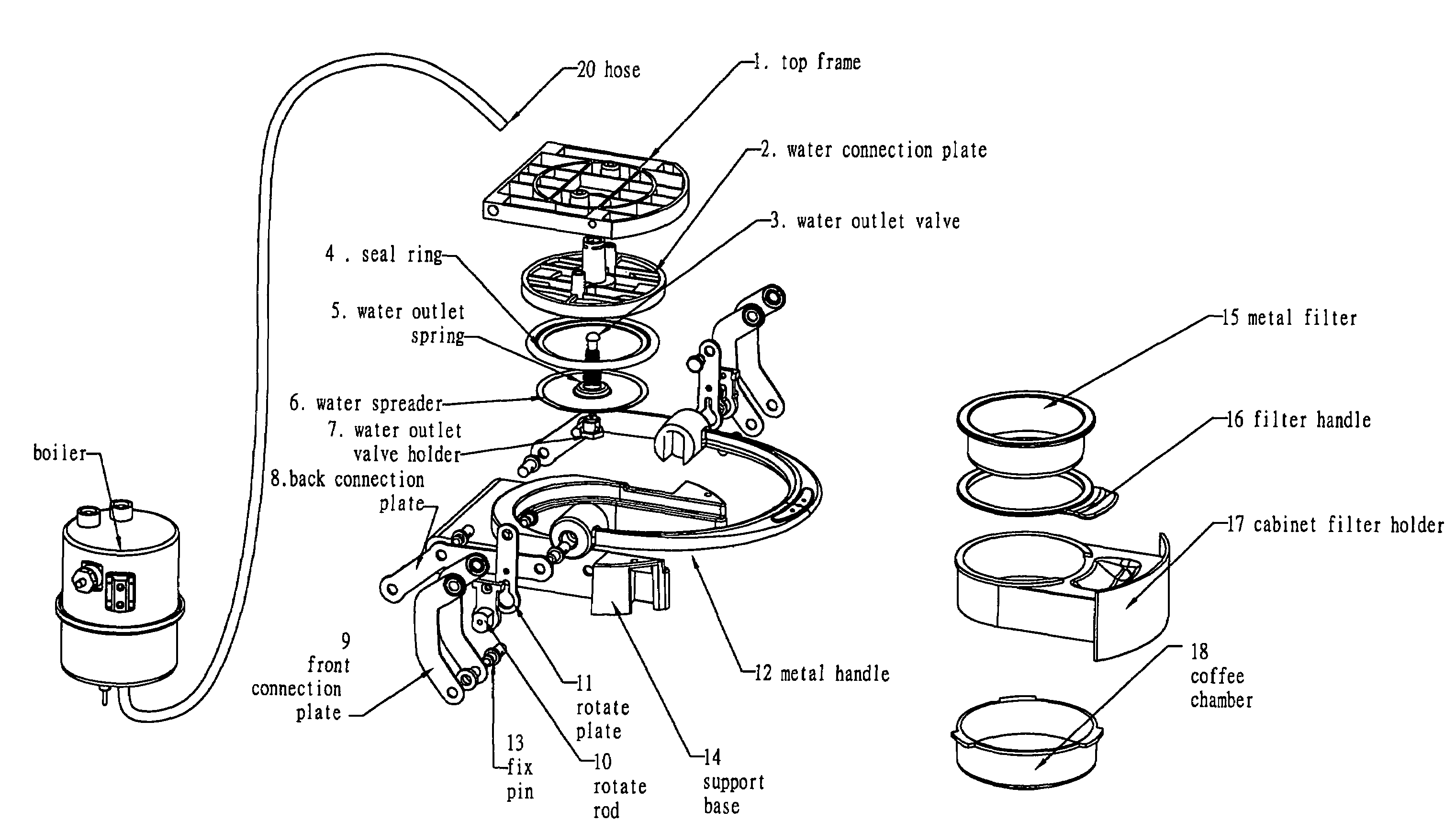 Cabinet design of filter holder for pressurized espresso machines