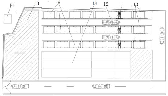 Nomadic prefabricated slab production device facilitating stacking of mold tables