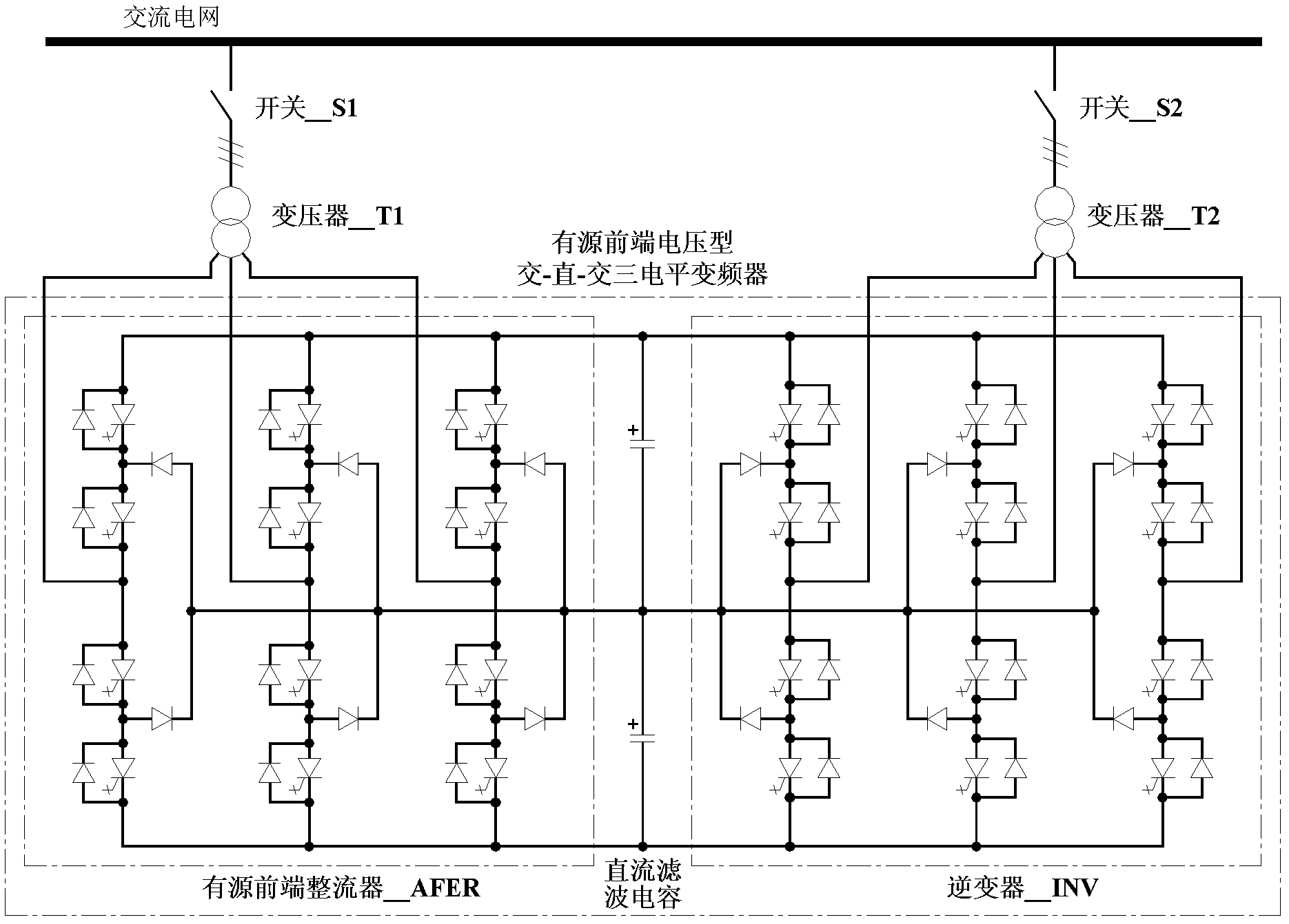 Rated-capacity test device for active front-end voltage type AC-DC-AC frequency converter