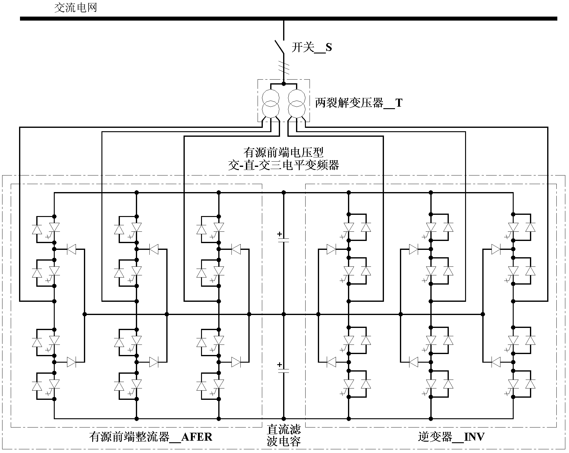 Rated-capacity test device for active front-end voltage type AC-DC-AC frequency converter