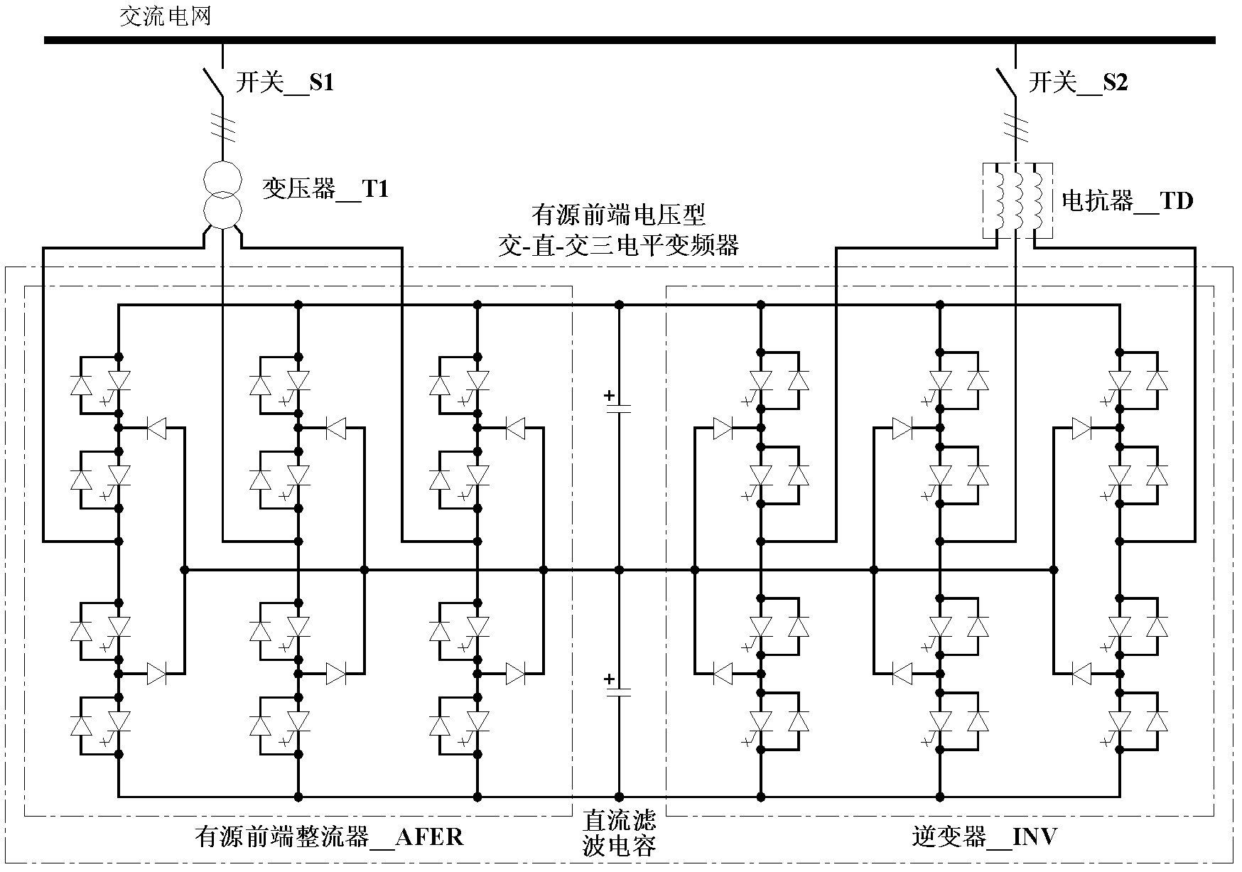 Rated-capacity test device for active front-end voltage type AC-DC-AC frequency converter