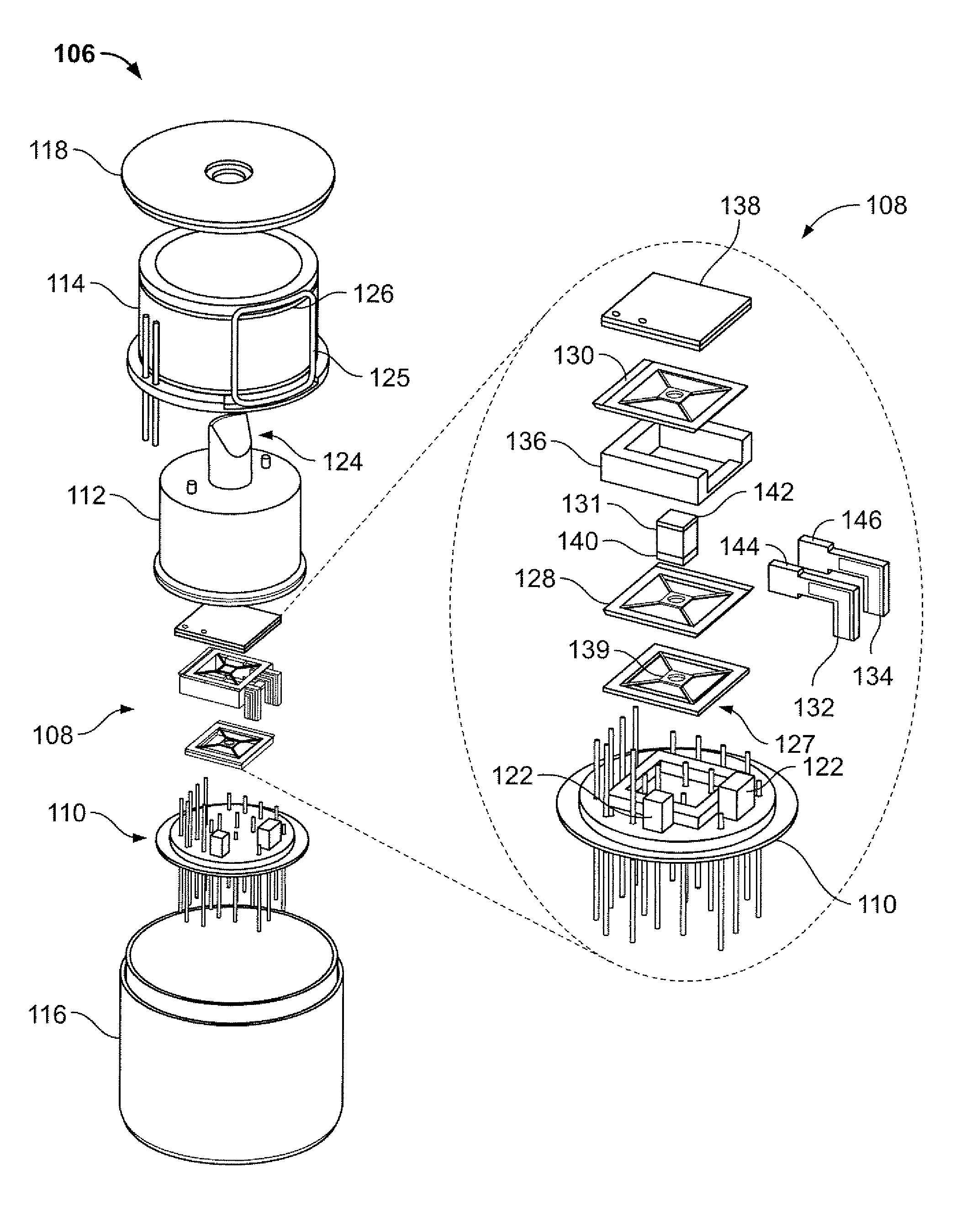 Batch-fabricated, RF-interrogated, end transition, chip-scale atomic clock