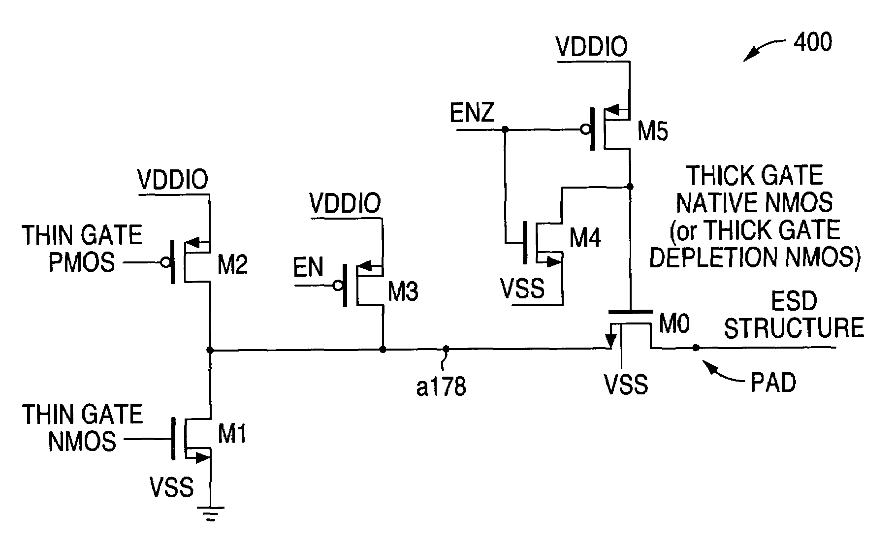 System and method for providing a low voltage thin gate input/output structure with thick gate overvoltage/backdrive protection