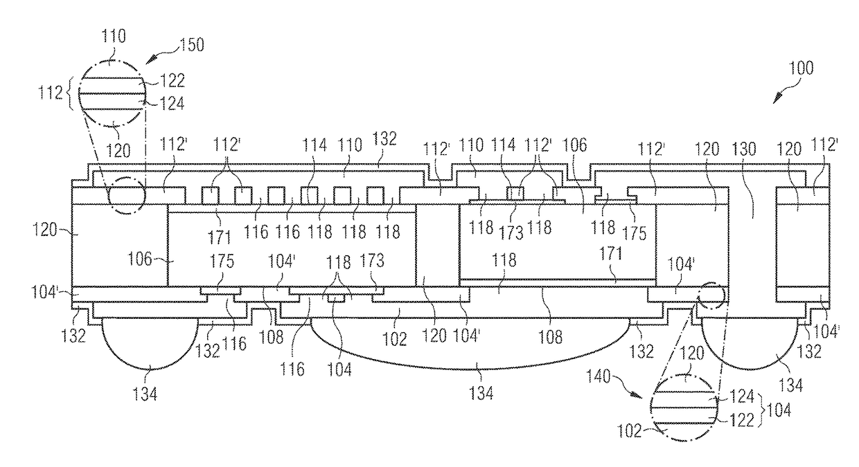 Chip assembling on adhesion layer or dielectric layer, extending beyond chip, on substrate