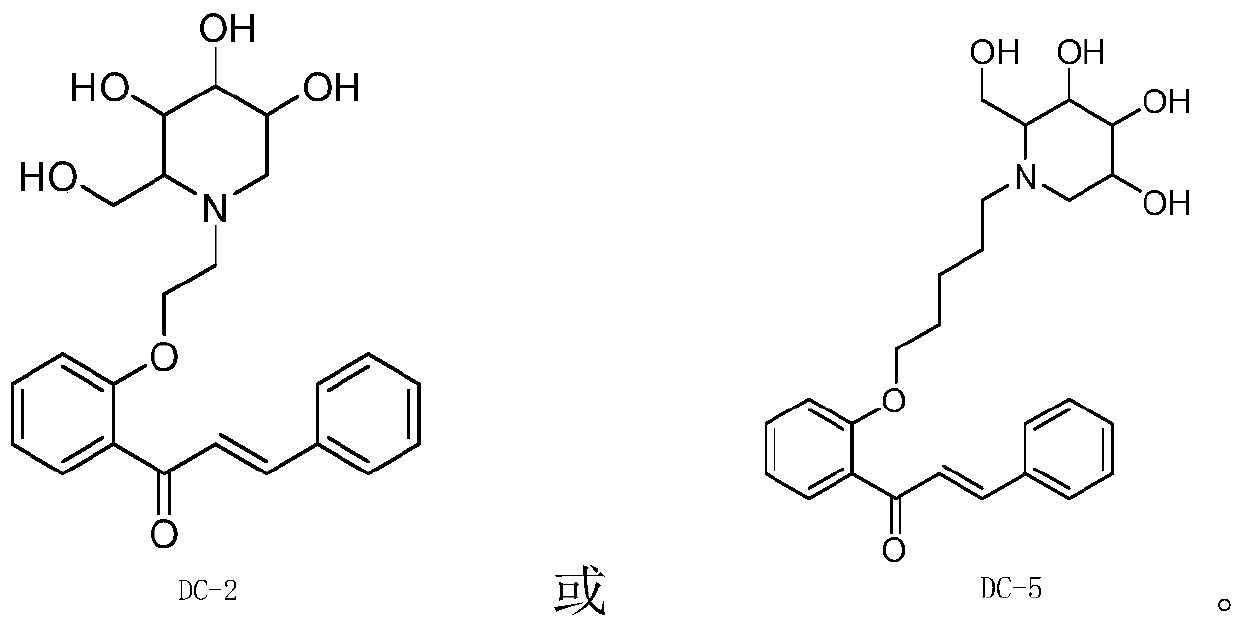 1-deoxynojirimycin-hydroxychalcone hybrid derivative and its preparation method and application