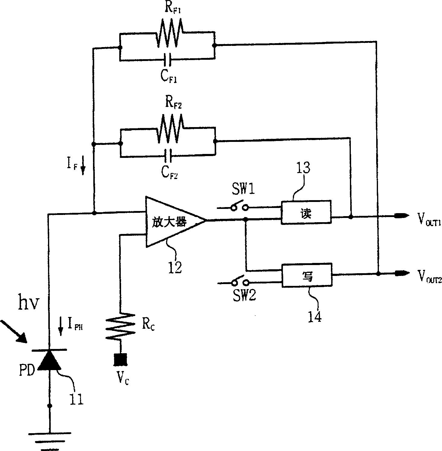 Current to voltage conversion circuit for photo detector integrated circuit employing gain switching circuit