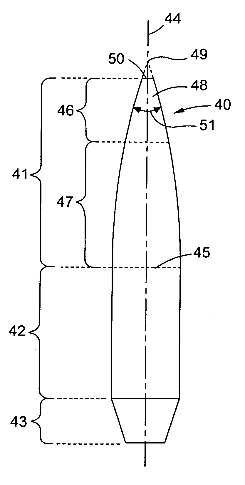 Ammunition projectile having improved aerodynamic profile and method for manufacturing same