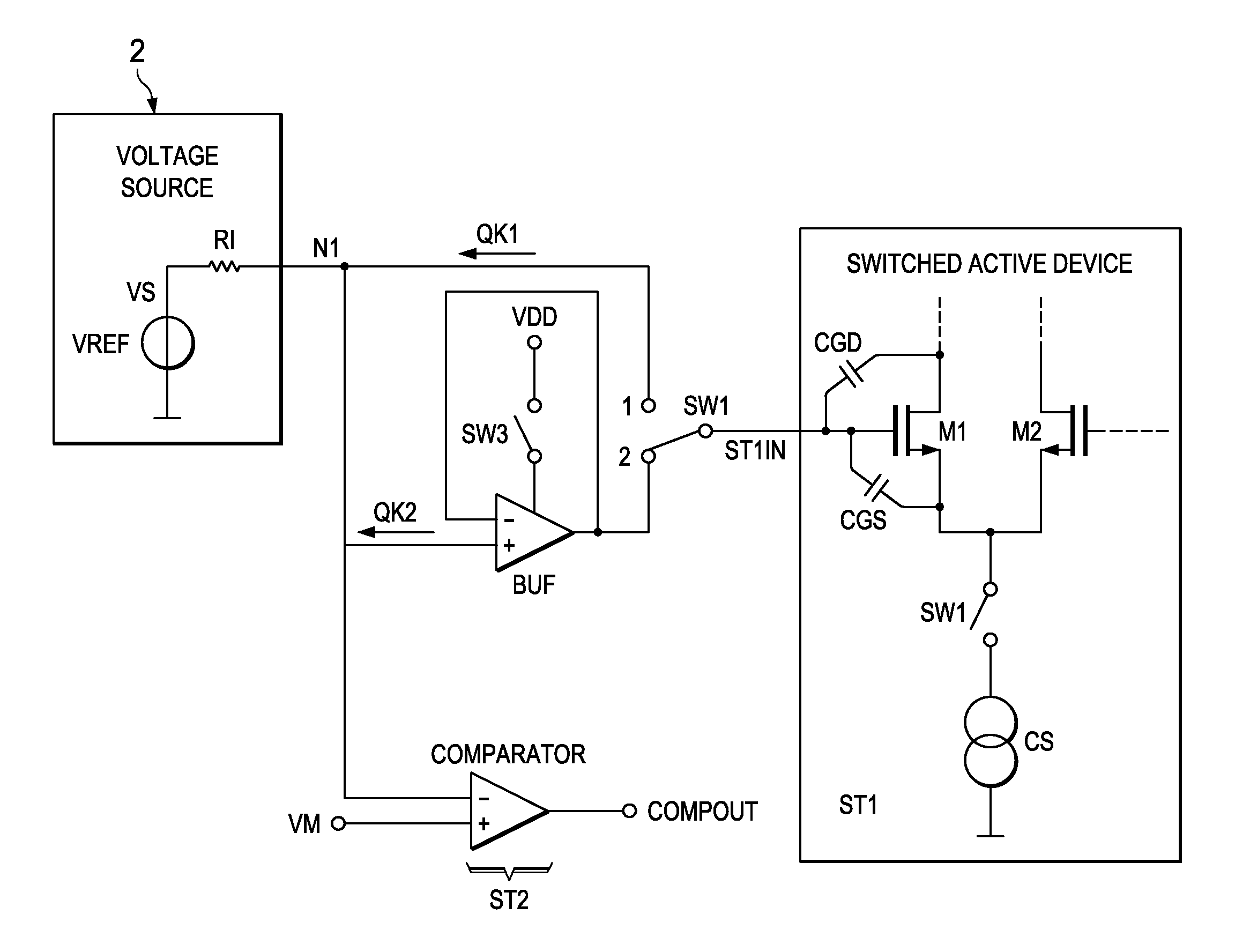 Electronic device and method for kickback noise reduction of switched capacitive loads and method of operating the electronic device