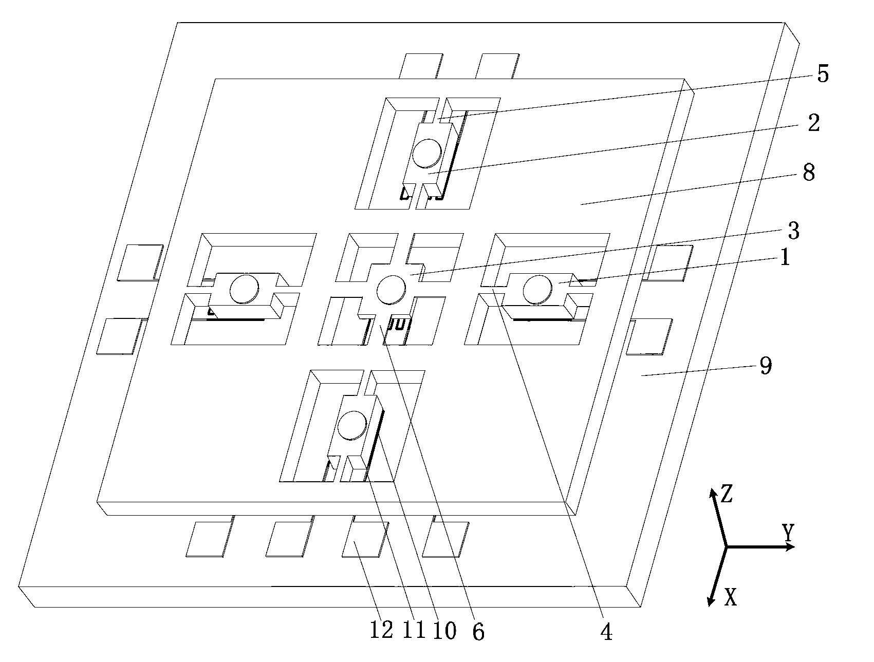 Tri-axial accelerometer with giant magneto-resistance effect