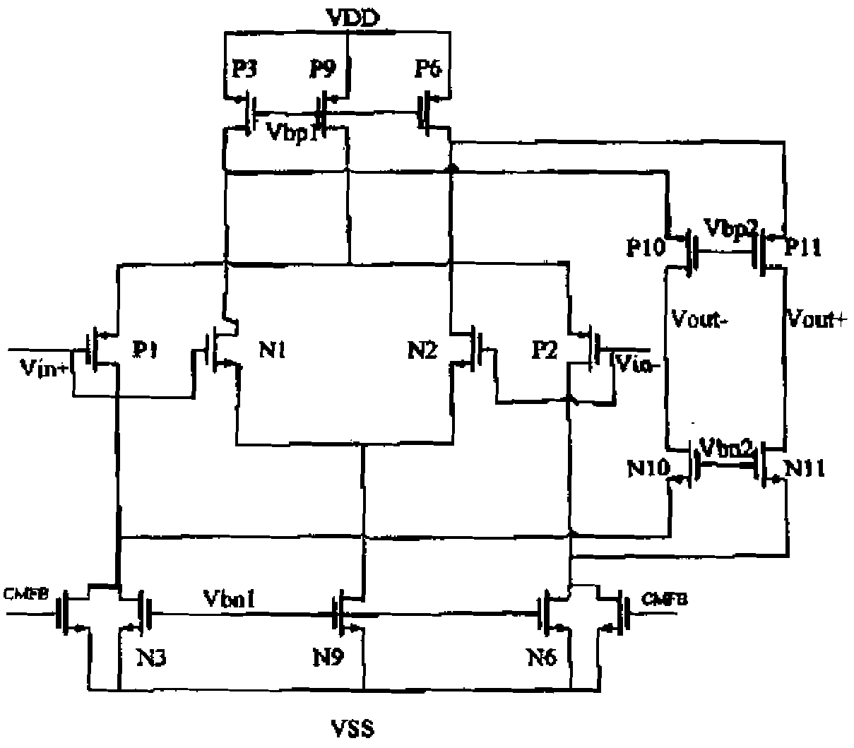 Broadband rail-to-rail amplifier with low power consumption, realized by MOS (Metal Oxide Semiconductor) components