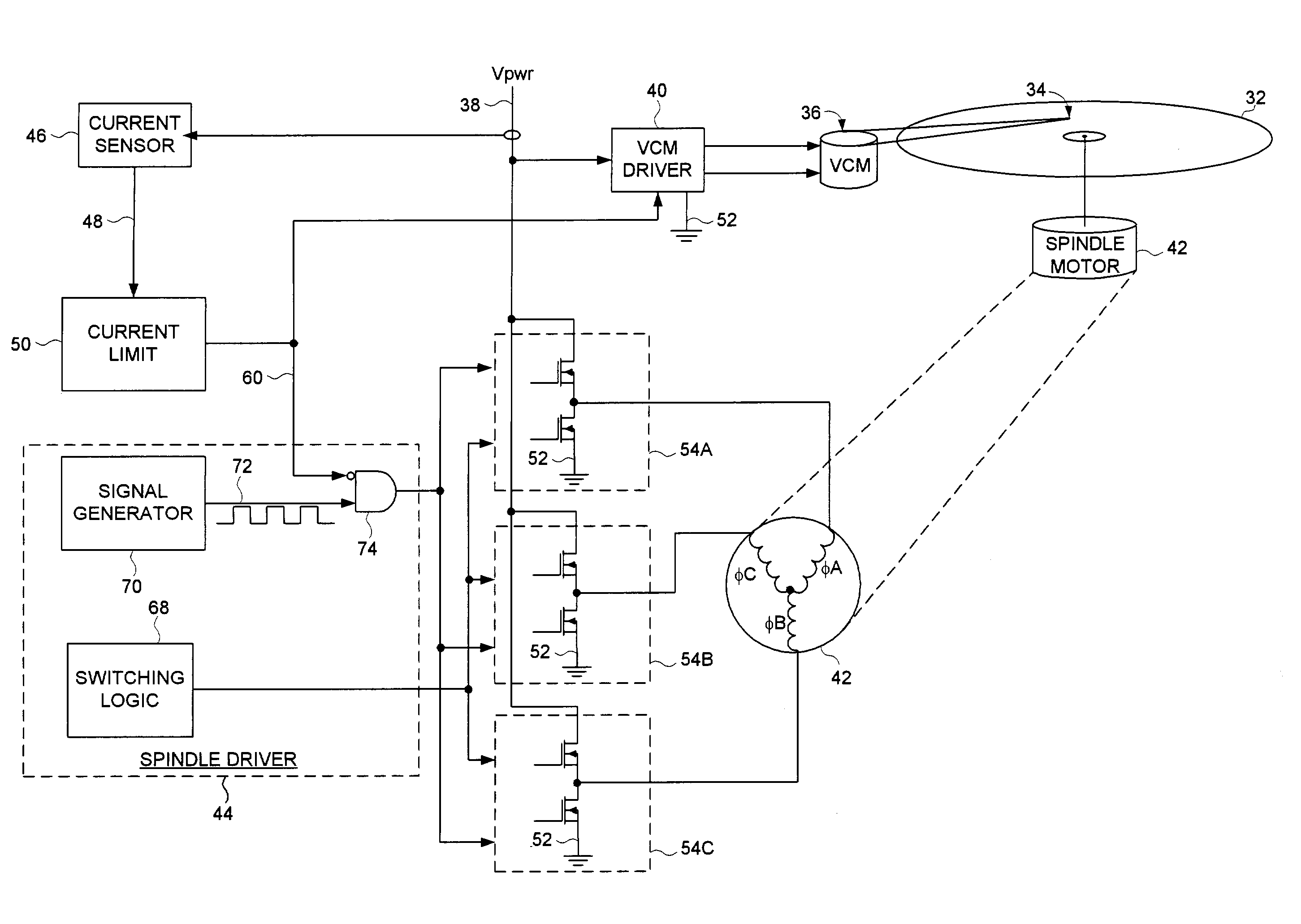 Disk drive monitoring a supply current to protect motor driver circuits