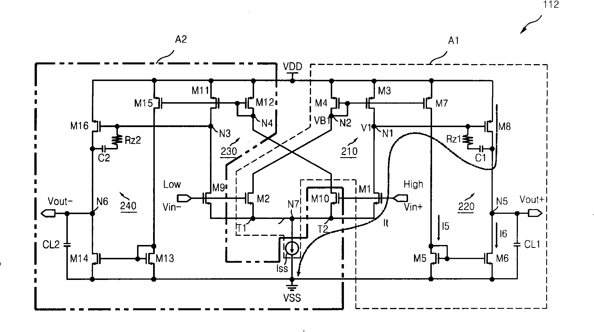 Fully differential class AB amplifier and amplifying method using single-ended, two-stage amplifier