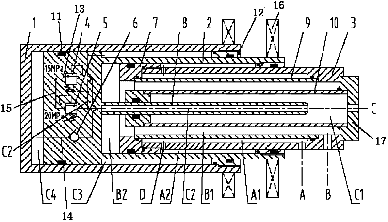 Secondary stretching and retracting hydraulic cylinder and hydraulic equipment