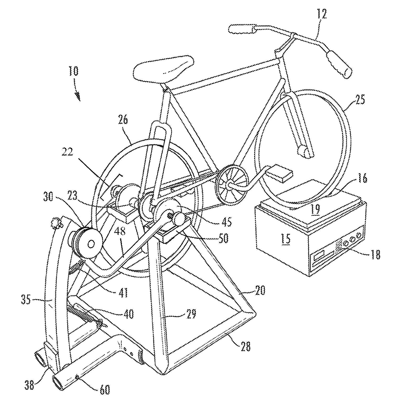 Bicycle trainer with variable resistance to pedaling