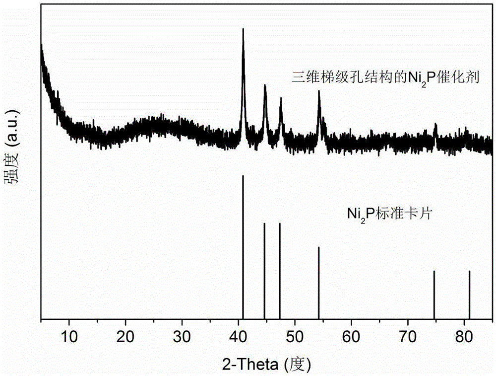 Method for preparing Ni2P catalyst with three-dimensional cascade pore structures at low temperature