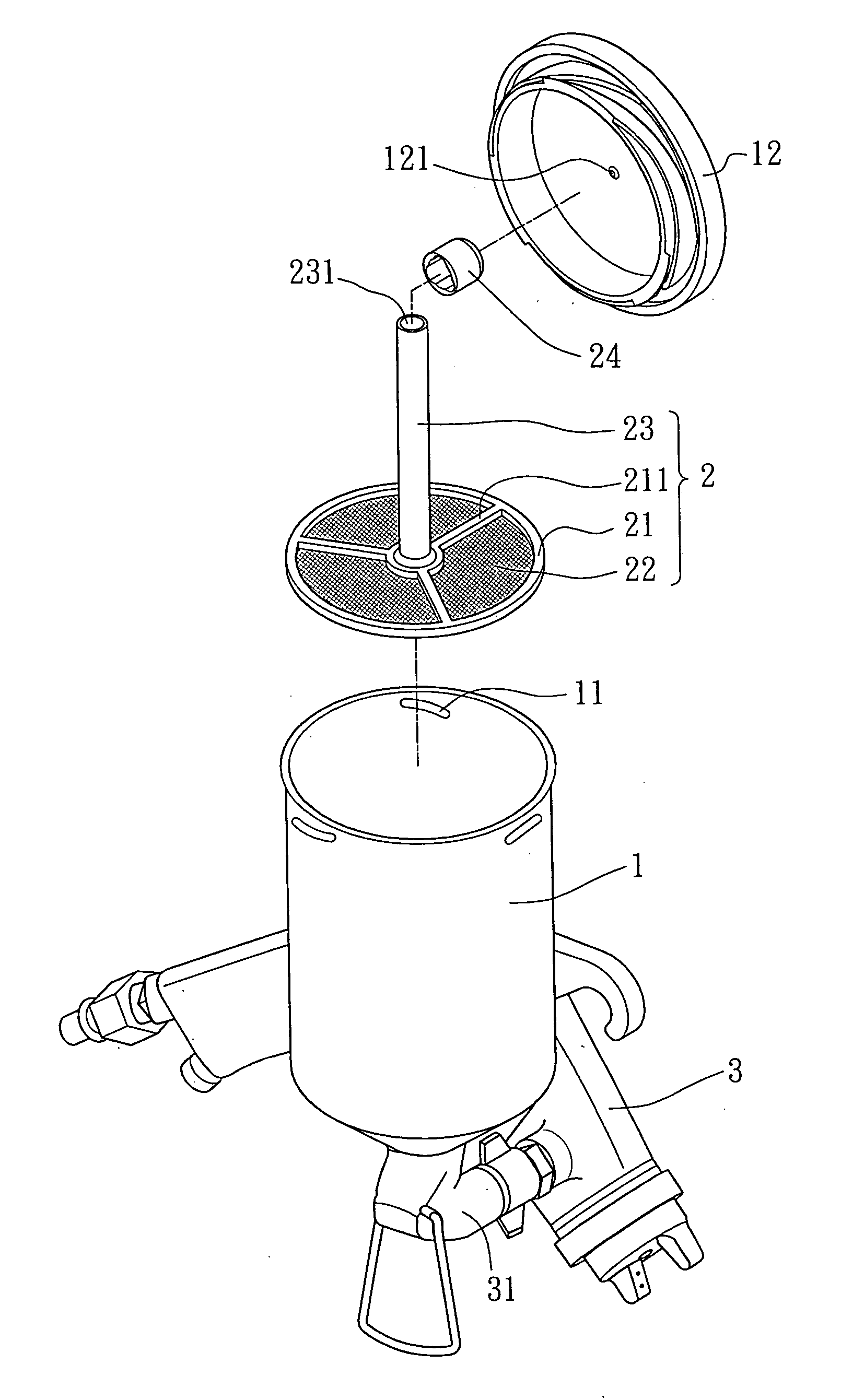 Filter device used in a paint cup of a spraying gun