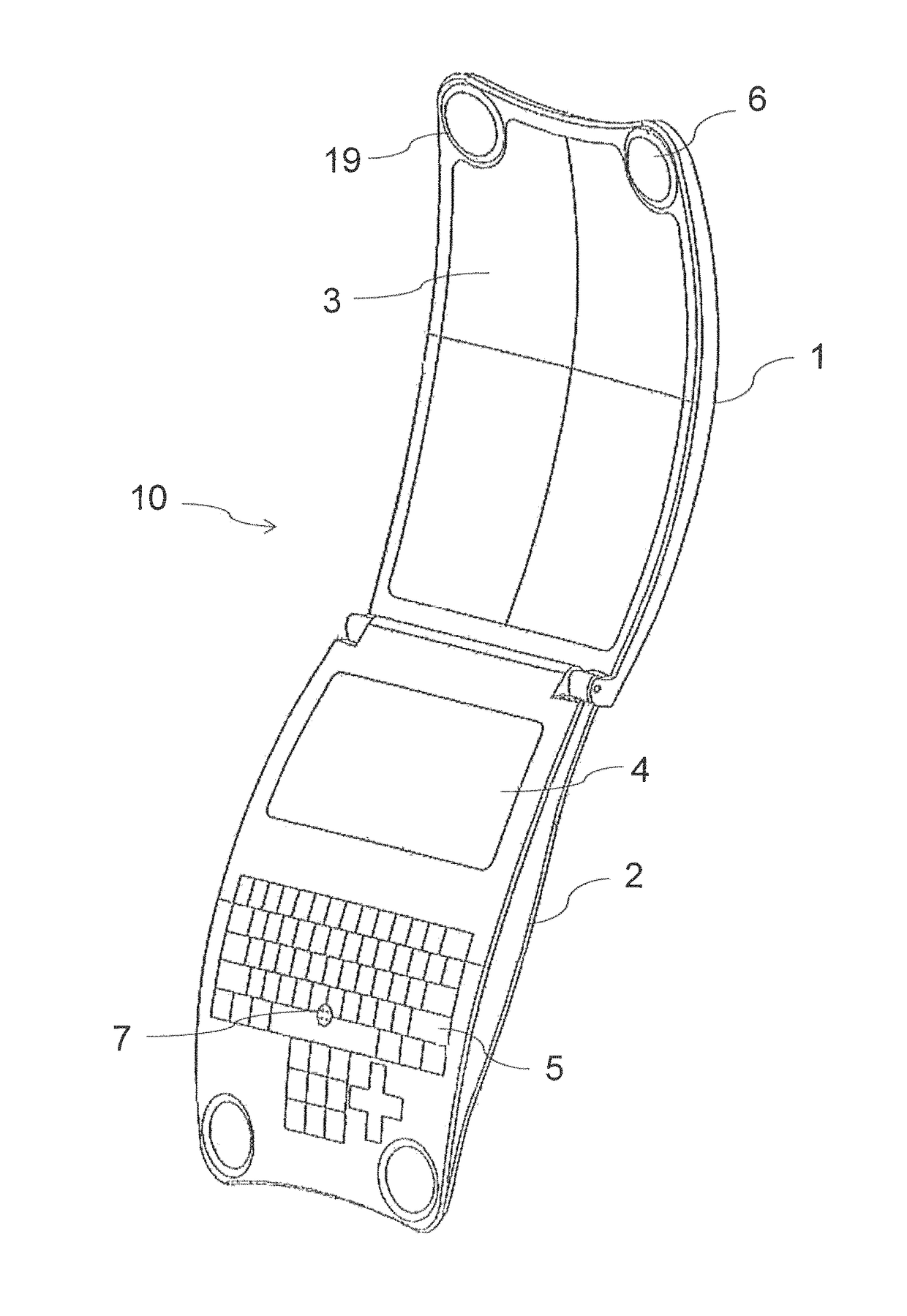 Foldable electronic gaming or mobile communication device for insertion into hip pocket