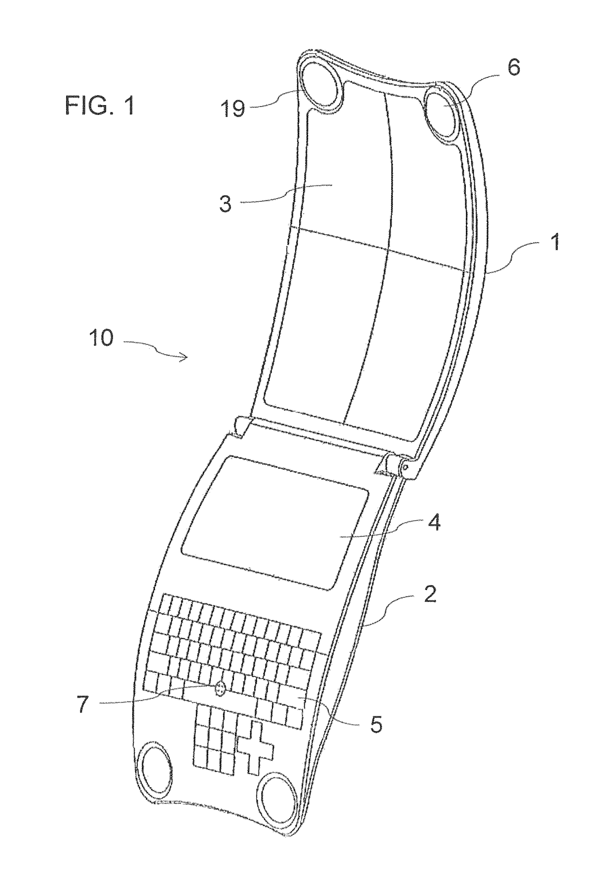 Foldable electronic gaming or mobile communication device for insertion into hip pocket