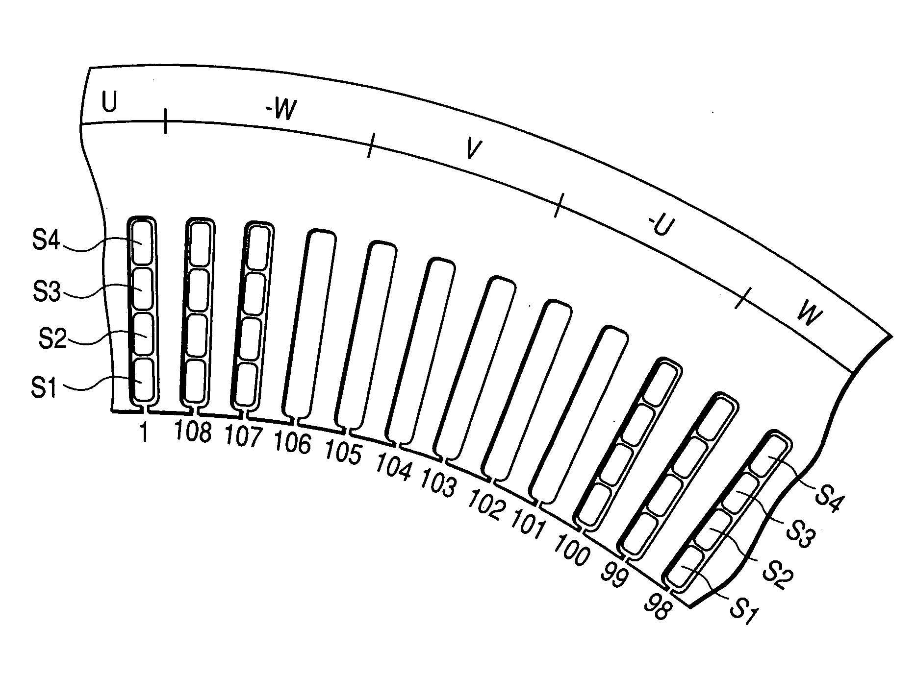 4-Layer type of stator winding formed of sequentially connected segments located in respective slot pairs, and method of manufacture thereof