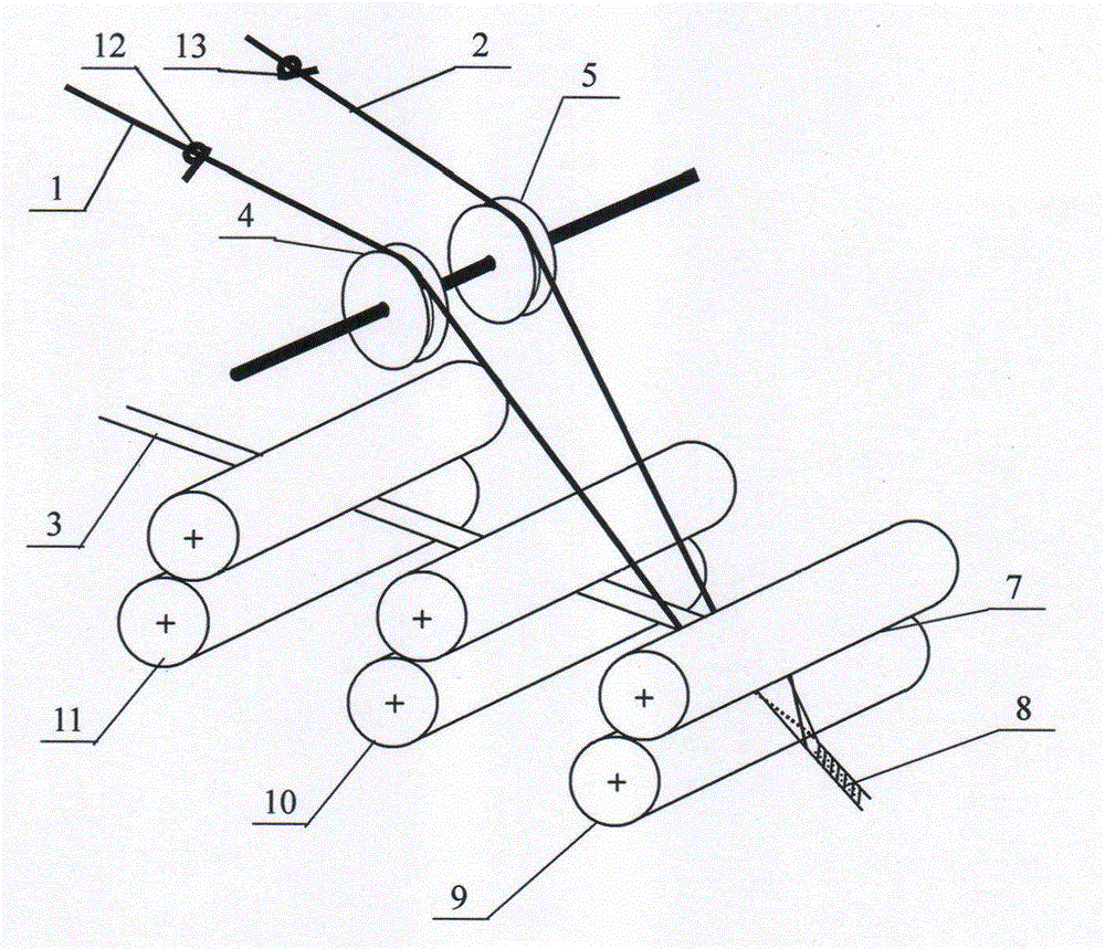 Three-shafting composite spinning method of constant-tension double-filament adjoining and twisting triangular zone and application thereof