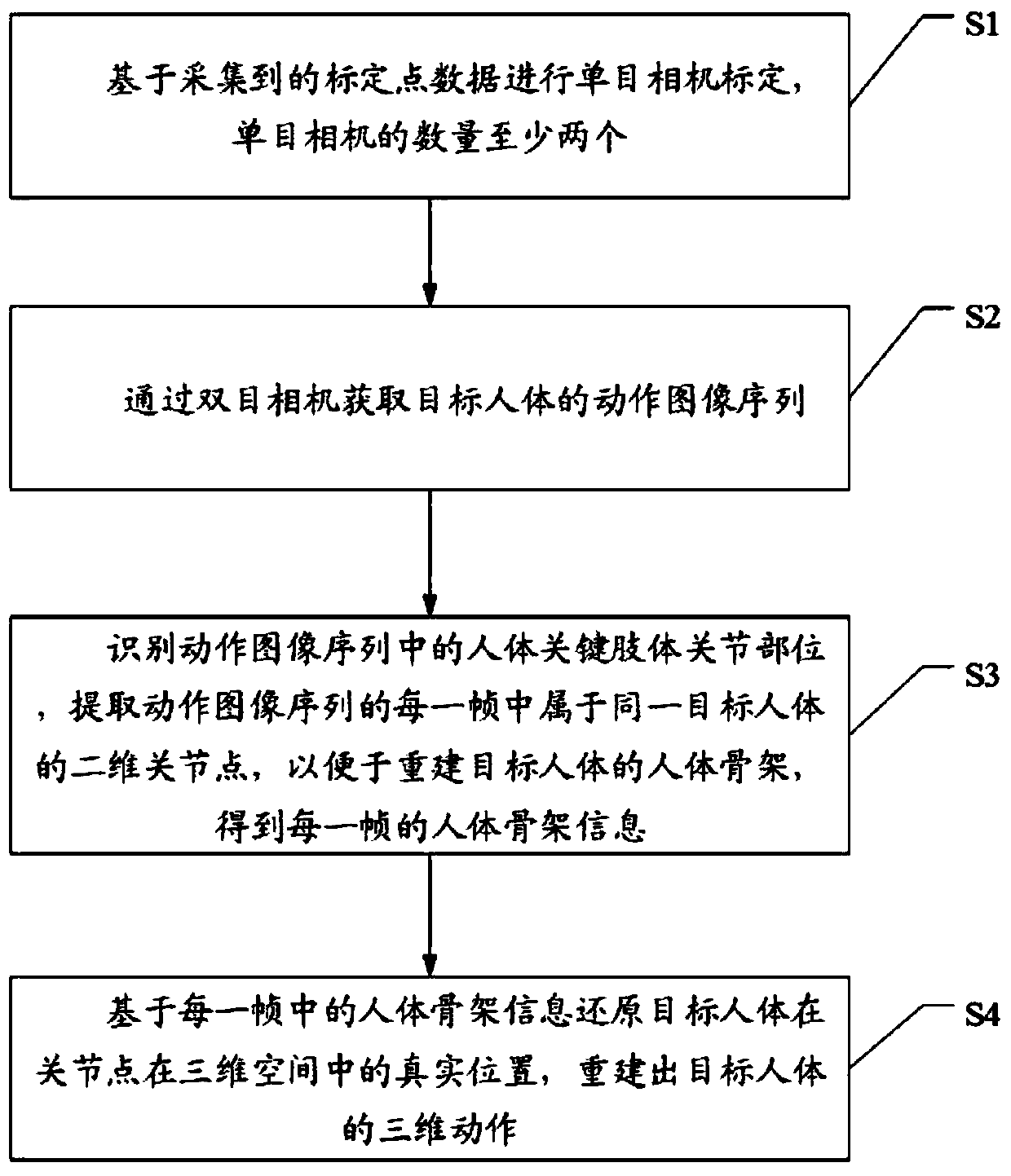 Human body action reconstruction system and method based on multi-view vision and action training system