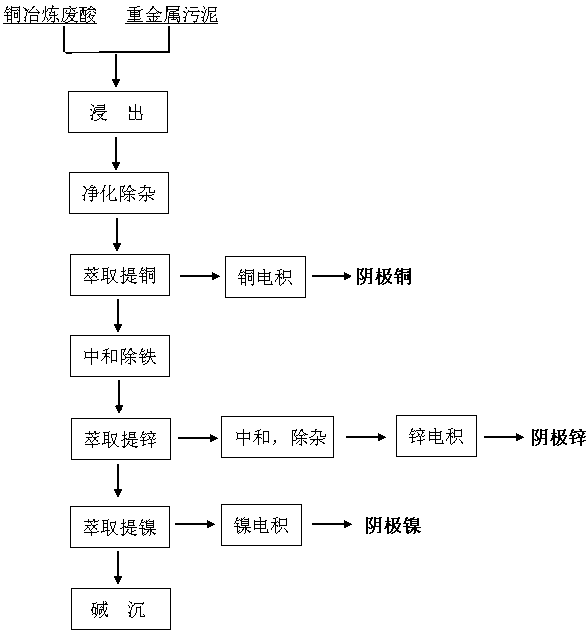 Method for recovering copper, zinc and nickel from heavy metal sludge by using copper smelting waste acid