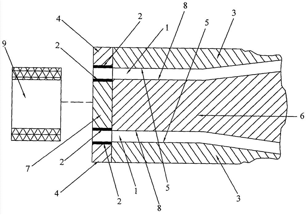 End die for extrusion die head of plastic pipe and manufacturing method of end die