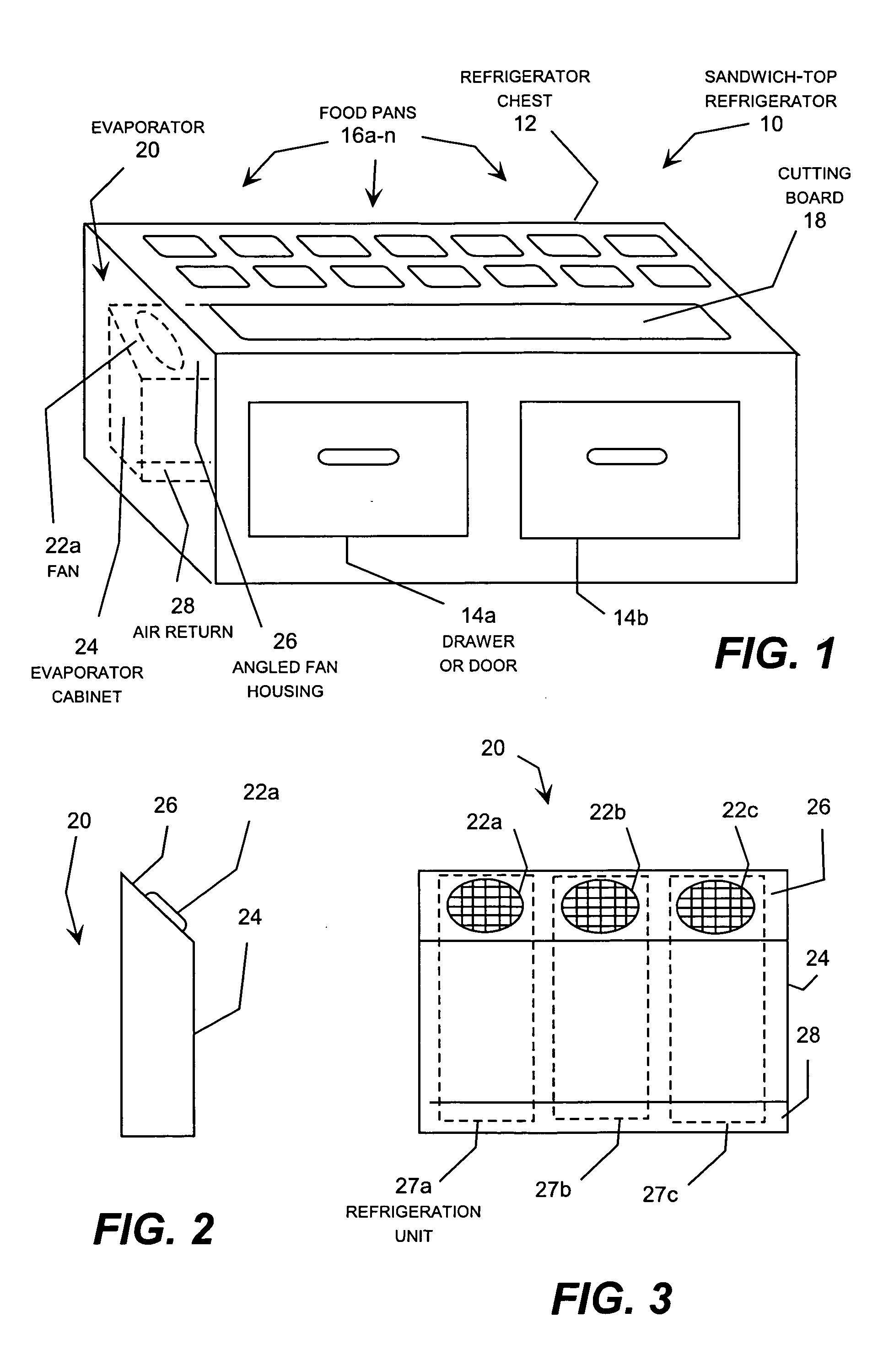 Evaporator and associated food pan refrigerator with an angled fan housing